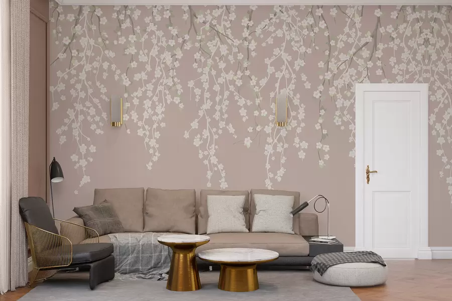 carta da parati Rami delicati e fluenti con fiori su uno sfondo pastello nr. w02479v2