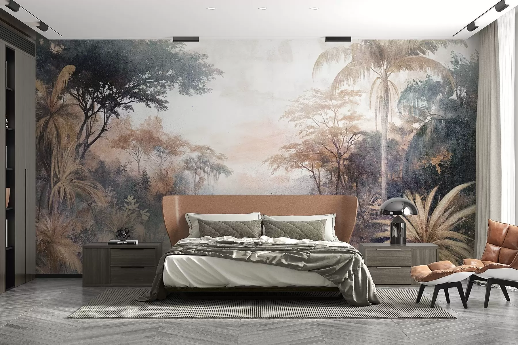 Carta da parati nature Un paesaggio tropicale strutturato con un fiume tranquillo circondato da palme, arbusti e altro fogliame 