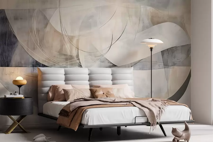 Carta da parati Moderno Forme astratte nei toni del bianco, del grigio, del beige e del blu su uno sfondo sfocato e materico n. w08461