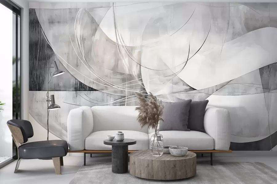 Carta da parati Moderno Forme astratte nei toni del bianco, del grigio e del nero su uno sfondo sfocato e strutturato n. w08461v1