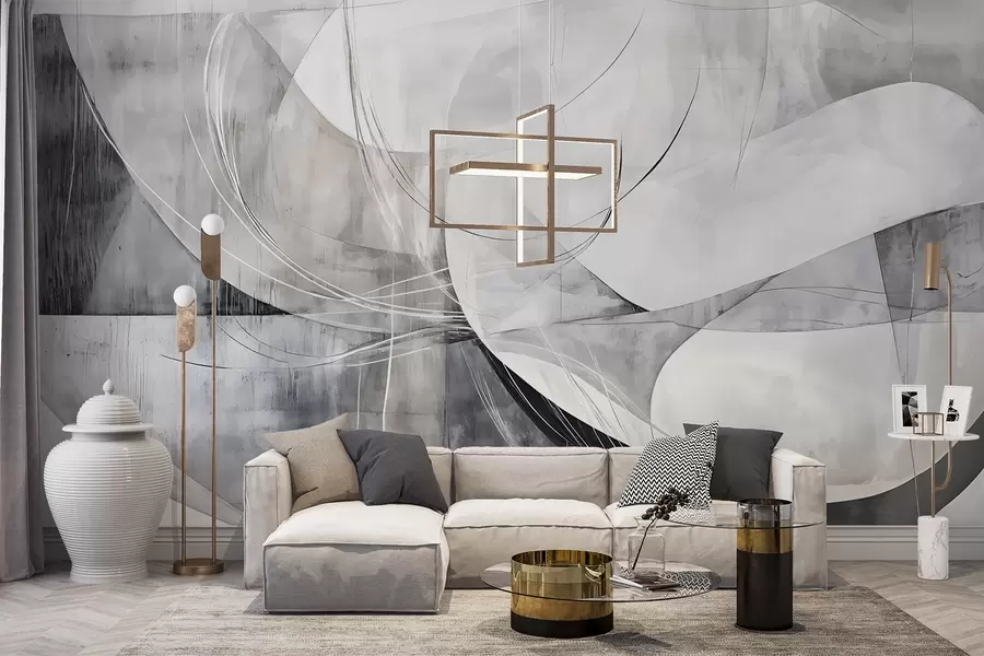 Carta da parati Moderno Forme astratte nei toni del bianco, del grigio e del nero su uno sfondo sfocato e strutturato n. w08461v1