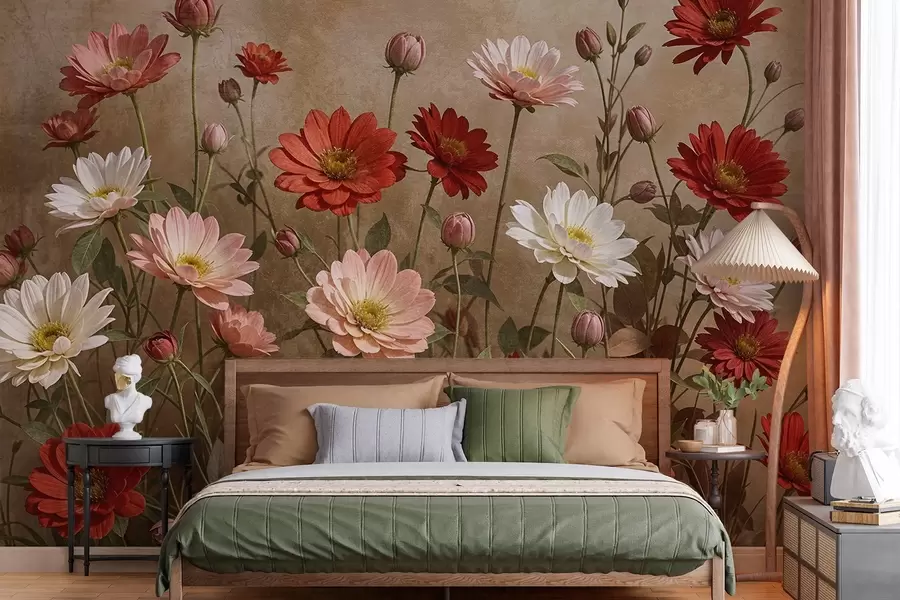 Carta da parati Floreale Un campo di fiori colorati a forma di margherita in varie tonalità di rosa, rosso e bianco su uno sfondo strutturato n. w08462