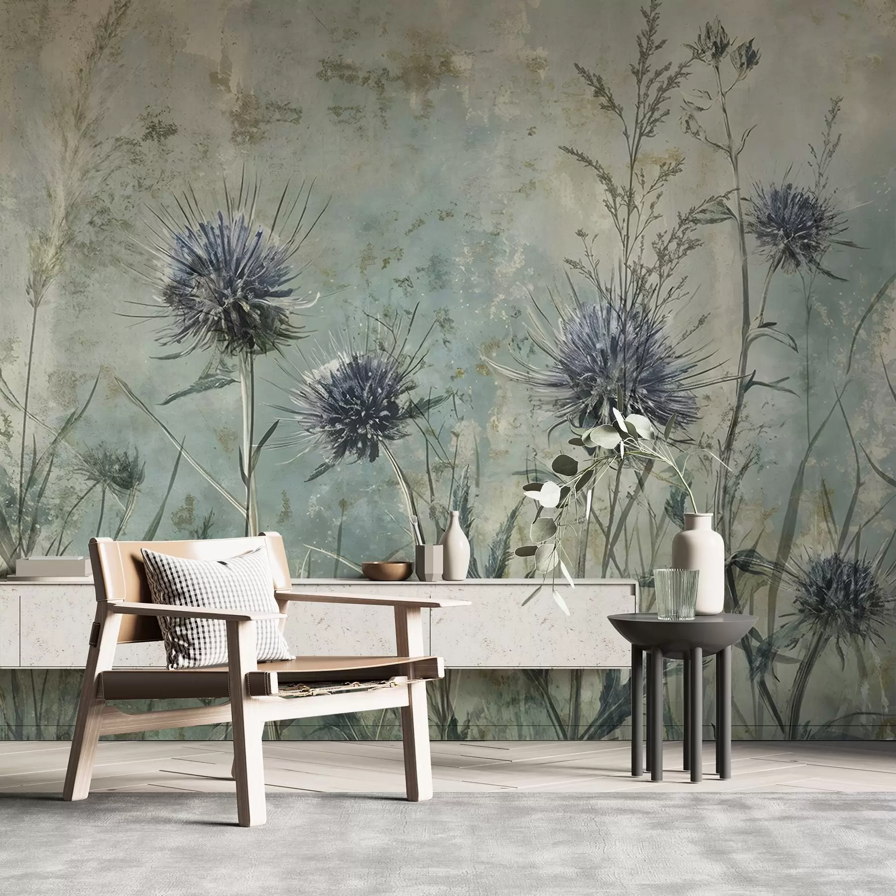 Carta da parati Floreale Un campo di fiori di cardo viola con fiori e fogliame sfocati sullo sfondo testurizzato vintage n. w08463