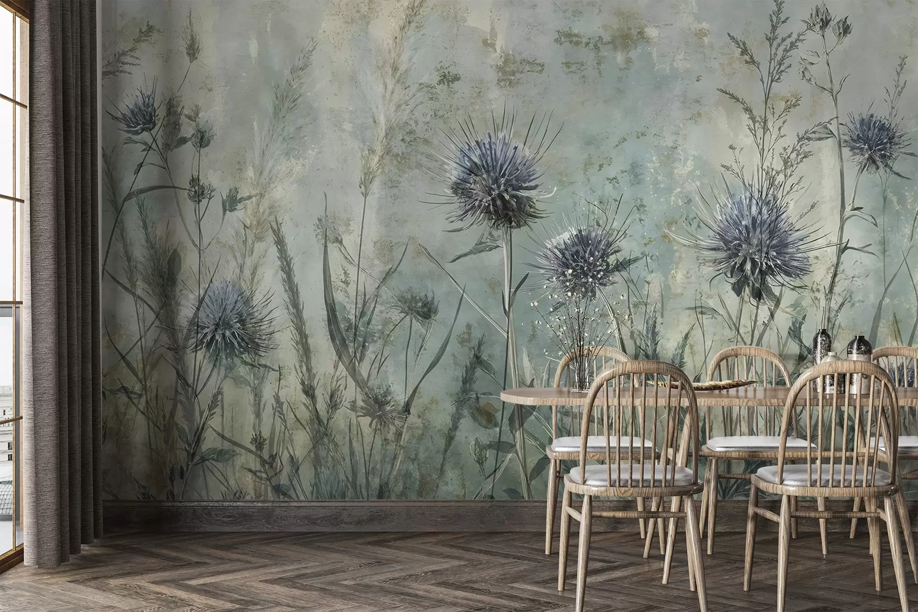 Carta da parati Floreale Un campo di fiori di cardo viola con fiori e fogliame sfocati sullo sfondo testurizzato vintage n. w08463