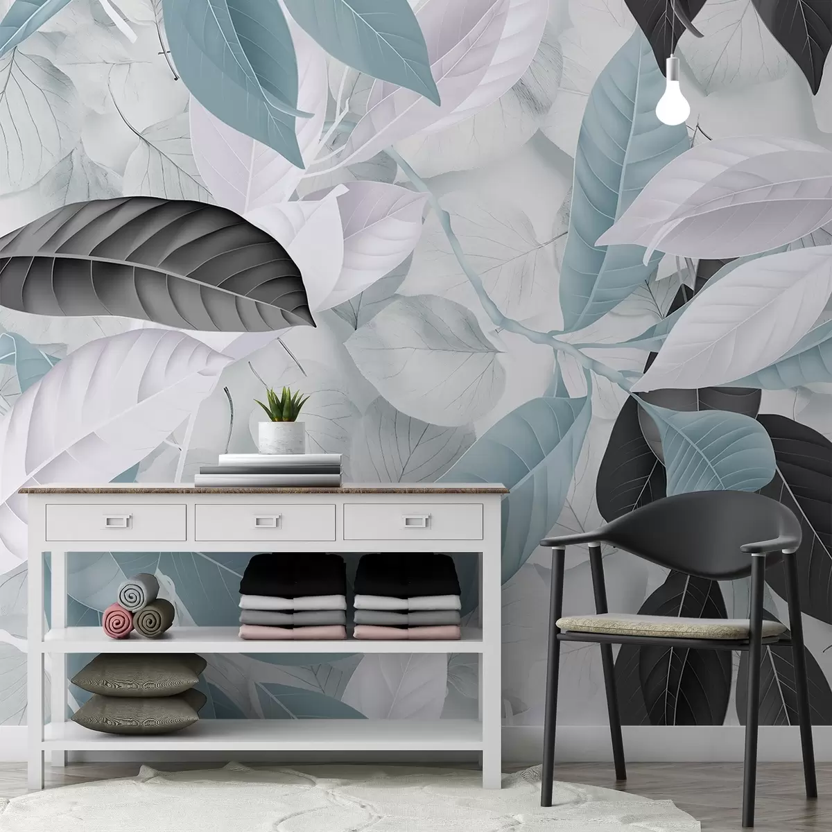 carta da parati Stampa di grandi dimensioni di foglie blu e grigie su uno sfondo con texture di foglie chiare, che crea un'atmosfera tropicale lussureggiante nr. w08468v1
