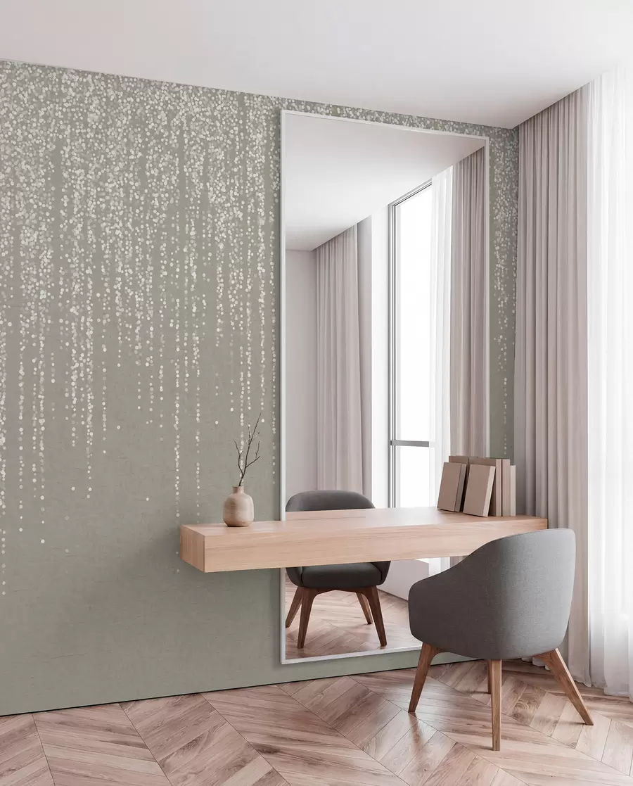 Carta da parati Foglie 3D Un'elegante stampa verticale di ghirlande punteggiate su uno sfondo beige, che crea un senso di profondità e movimento