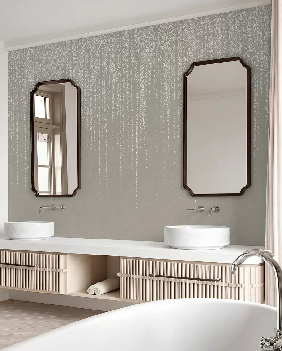 Carta da parati Foglie 3D Un'elegante stampa verticale di ghirlande punteggiate su uno sfondo beige, che crea un senso di profondità e movimento