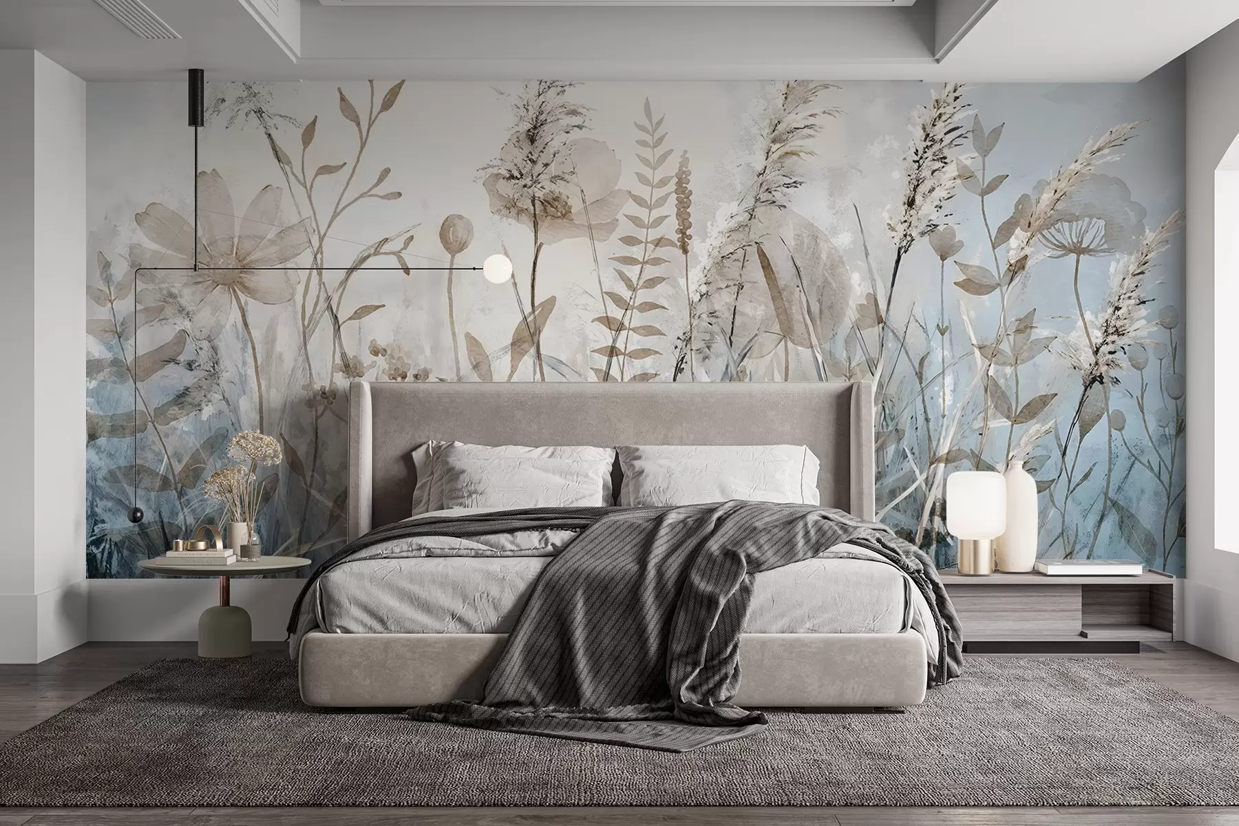 Carta da parati nature Un campo di erba alta, fogliame naturale e piante con texture morbide e vaporose in un cielo coperto e nebuloso 