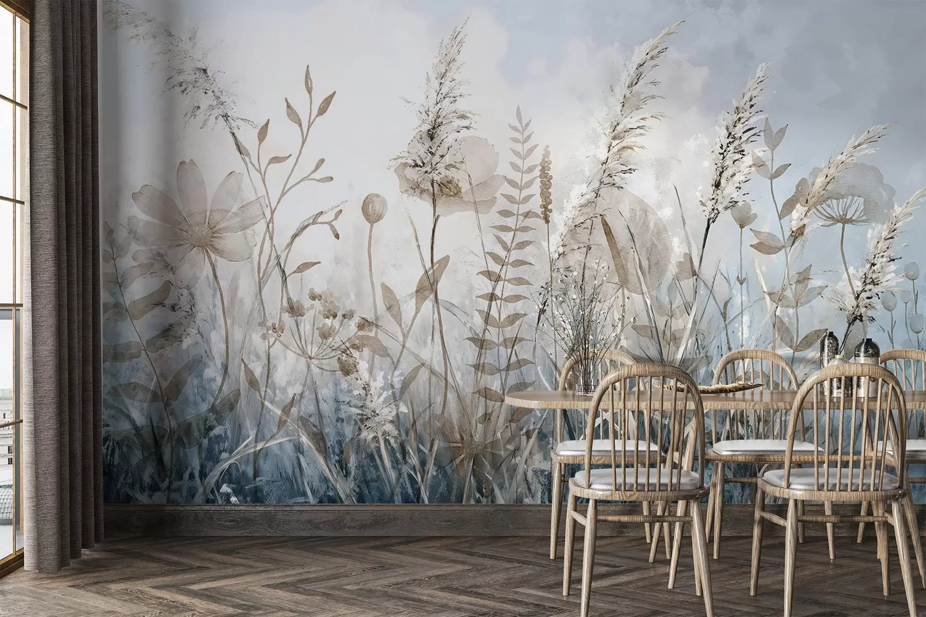 Carta da parati nature Un campo di erba alta, fogliame naturale e piante con texture morbide e vaporose in un cielo coperto e nebuloso 