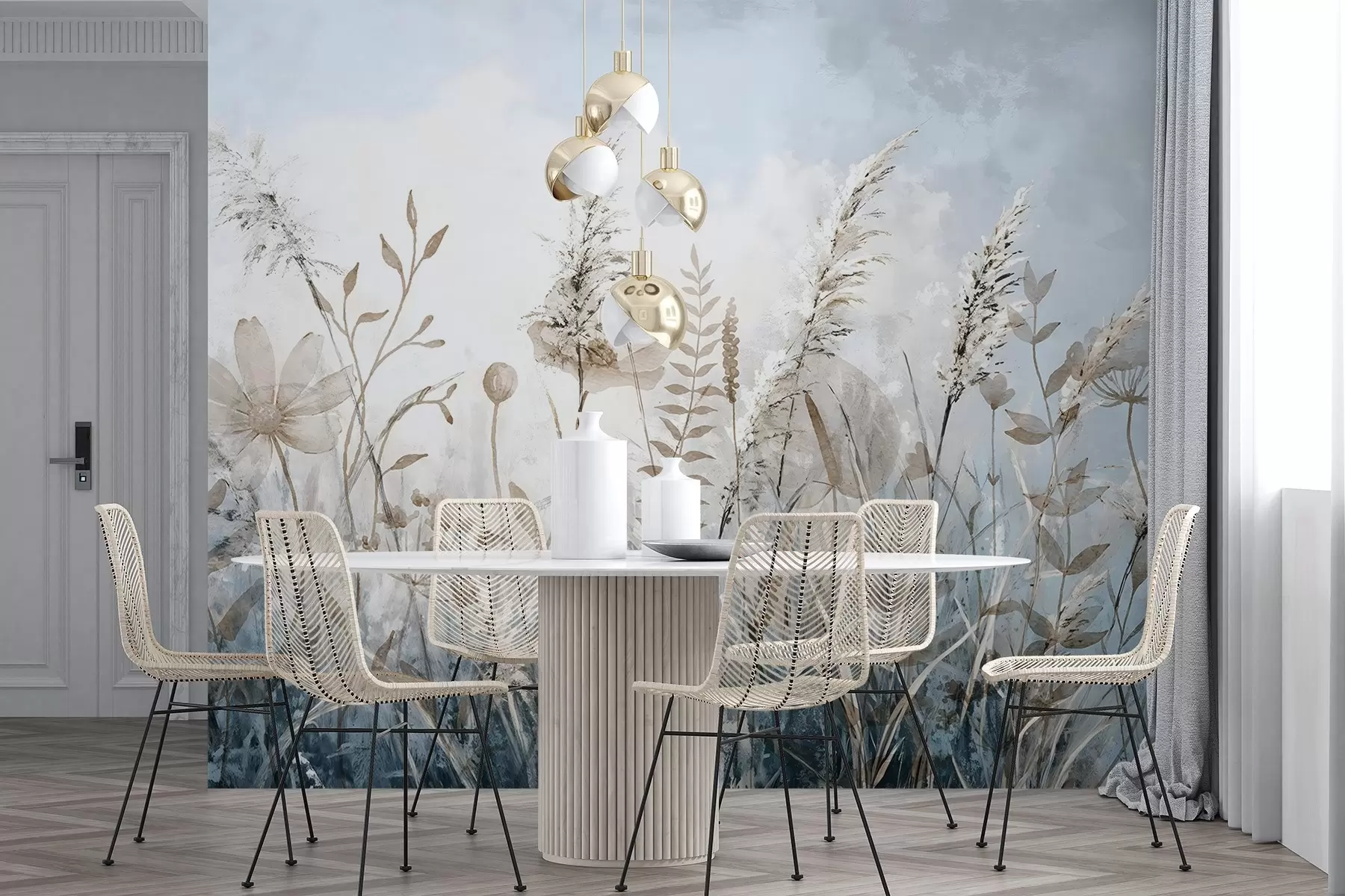 Carta da parati nature Un campo di erba alta, fogliame naturale e piante con texture morbide e vaporose in un cielo coperto e nebuloso 