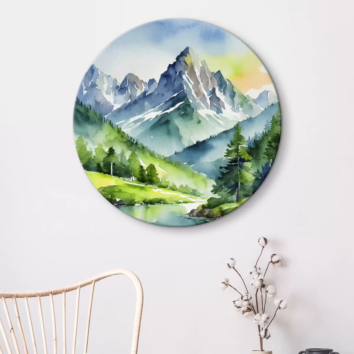Quadri rotondi Paesaggio montano con fiume, estate, verde, foresta, acquerello, tramonto r37960