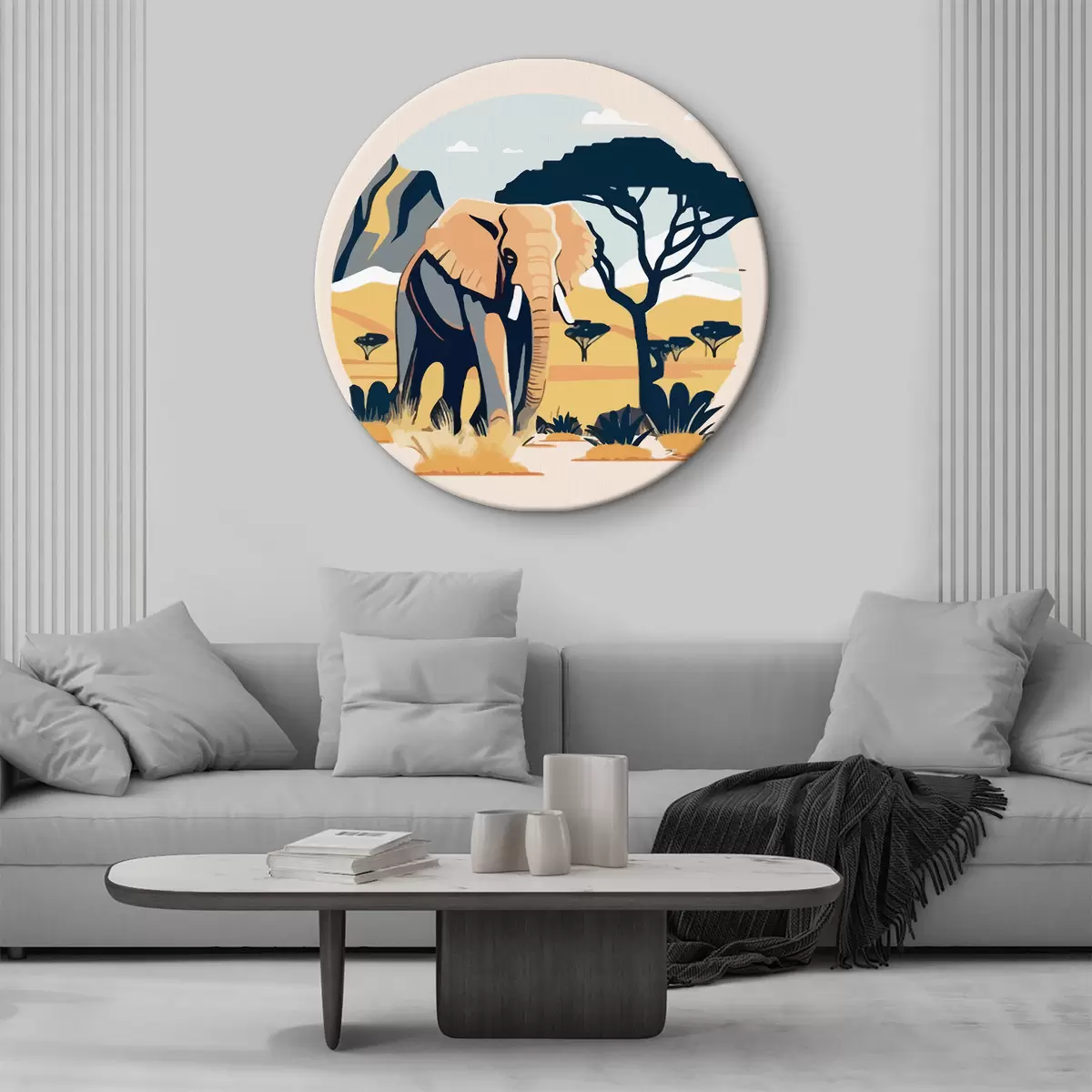 Quadri rotondi elefante, alberi, montagna, safari, pastello r38448