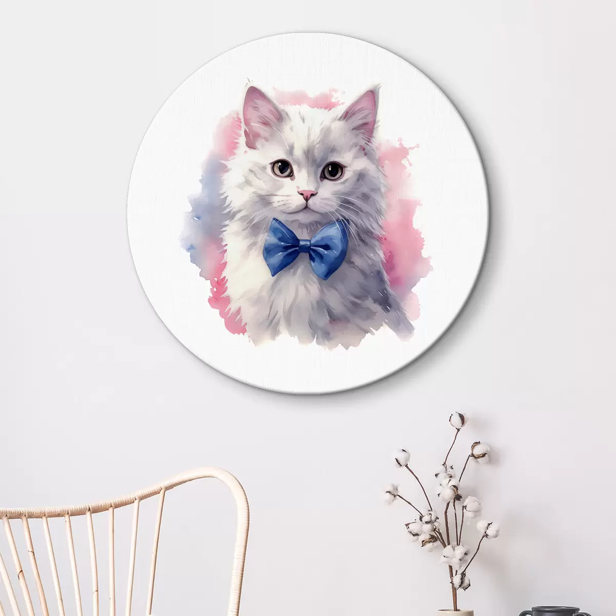 Quadri rotondi Gatto bianco soffice con un fiocco blu sul collo, acquerello, animale, grigio, bianco, rosa, blu r38479