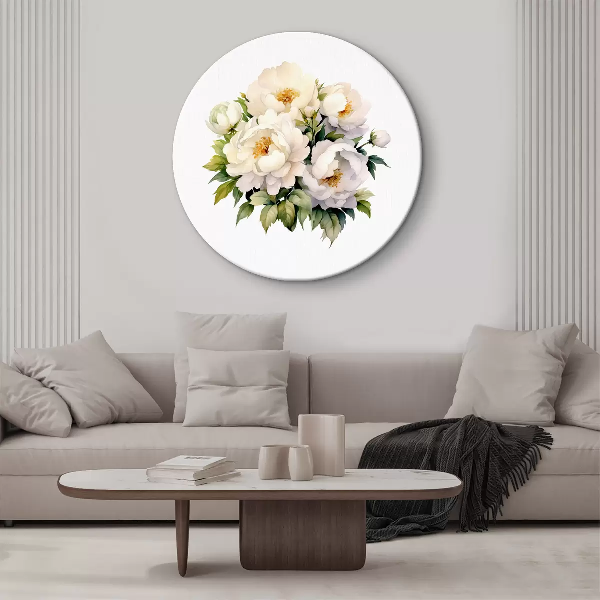 Quadri rotondi Fiori di peonia bianchi in fiore in fogliame verde, acquerello, botanico r38481