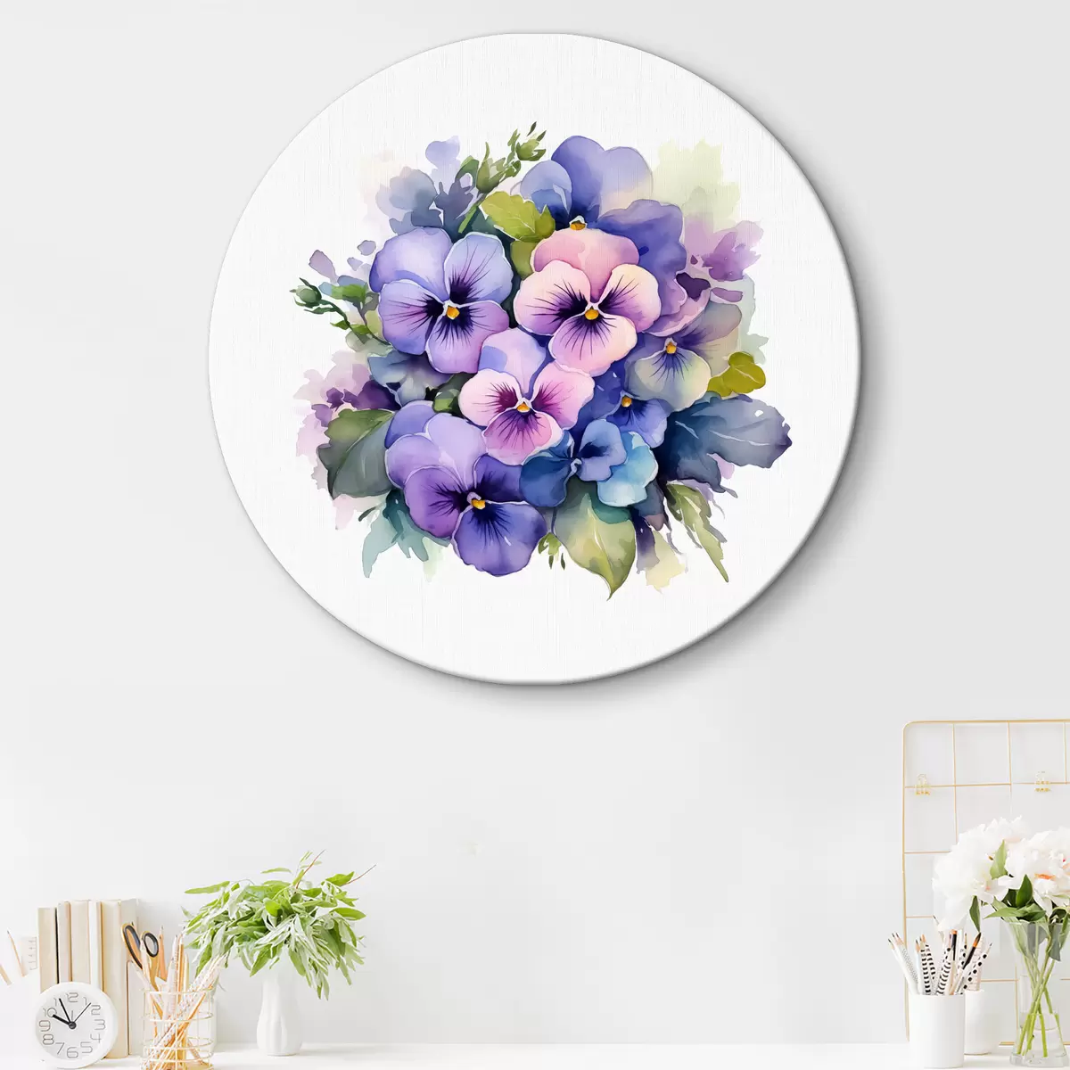 Quadri rotondi Illustrazione dell'acquerello delle viole, bouquet, fiori, colore blu, viola, verde r38486
