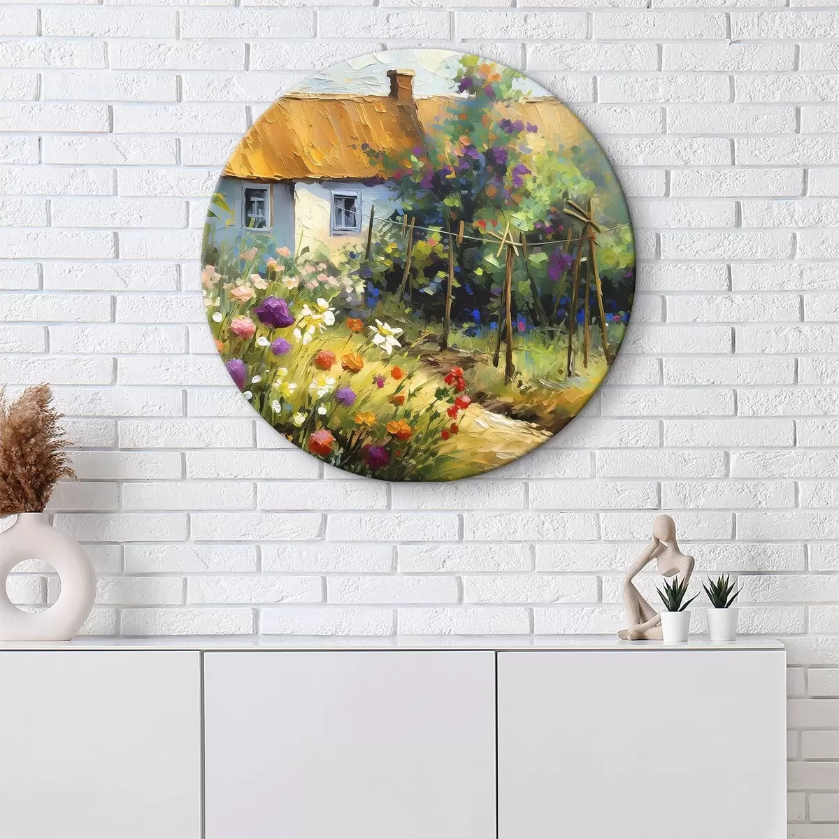 Quadri rotondi Estate nel villaggio, pittura ad olio, casa colonica, alberi e fiori, giardino, stile rustico r38490