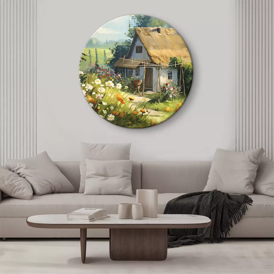 carta da parati Casa di paese con giardino, fiori estivi, pittura a olio, pennellate, campo, stile rustico nr. r38491