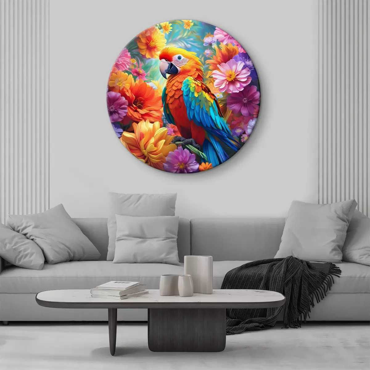 Quadri rotondi pappagallo luminoso e fiori colorati r38611