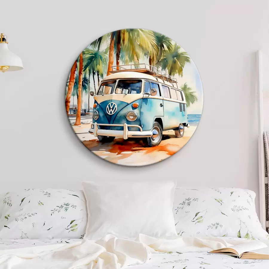 carta da parati Un'auto da viaggio è parcheggiata sulla spiaggia su uno sfondo di palme acquerellate nr. r38911