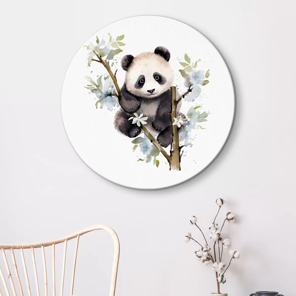 Quadri rotondi Il panda siede giocosamente tra i fiori r38924