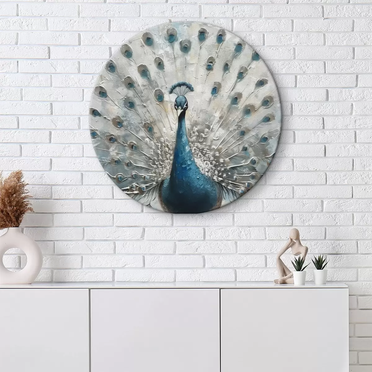 Quadri rotondi Uccello pavone blu con texture stampata piume r38931