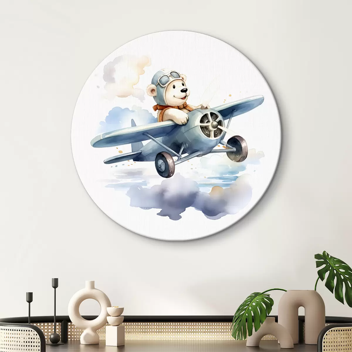 Quadri rotondi Il cucciolo di orso bianco con gli occhiali vola su un'illustrazione dell'acquerello dei bambini dell'aeroplano r38935