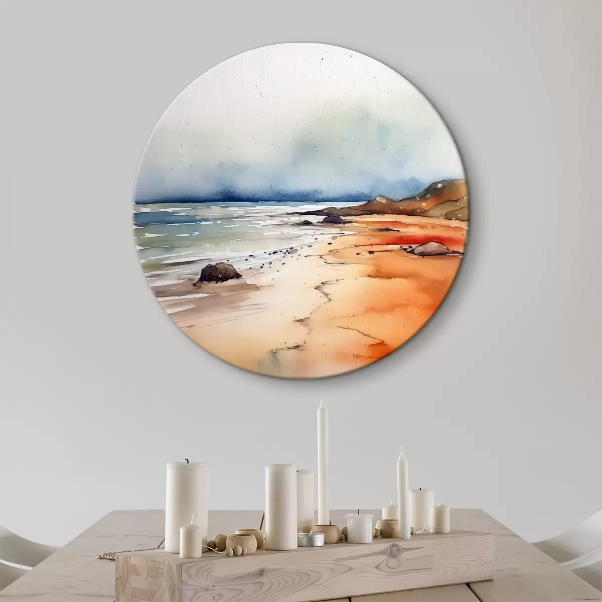 Quadri rotondi Mare e spiaggia, pioggia, acquerello, spruzzi, paesaggio, paesaggio, colore blu, arancione r38936
