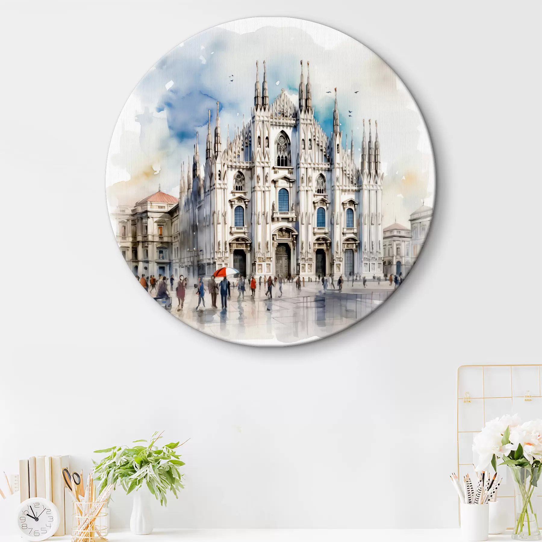 carta da parati Duomo di Milano, architettura, città, pioggia, acquerello, blu, grigio, gente che cammina nr. r38938