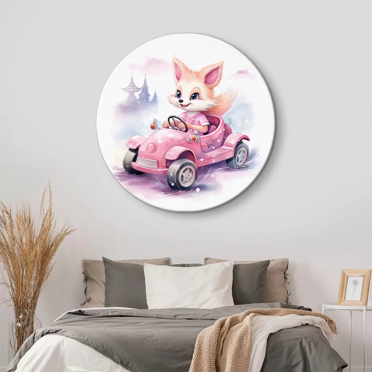 Quadri rotondi La piccola volpe cavalca un'illustrazione ad acquerello per bambini in un'auto rosa r38943
