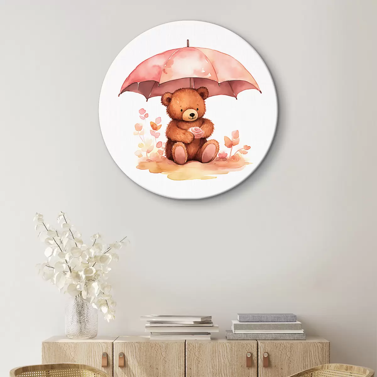Quadri rotondi Un orso bruno si siede sotto un ombrello rosa e tiene una rosa tra le mani, illustrazione ad acquerello per bambini r38947