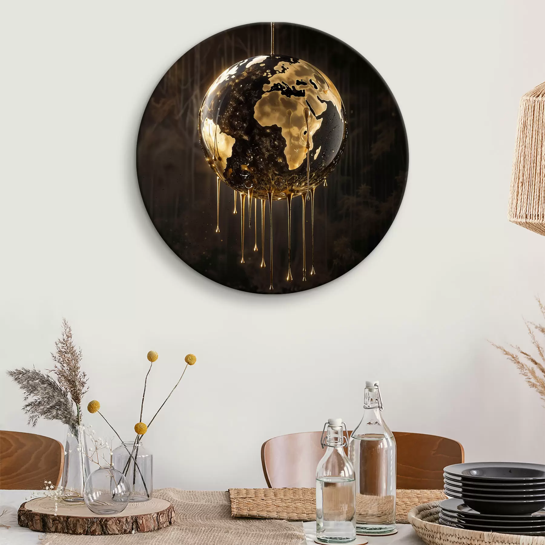 carta da parati Un globo luminoso che raffigura la Terra circondata da liquido gocciolante su uno sfondo scuro nr. r38983