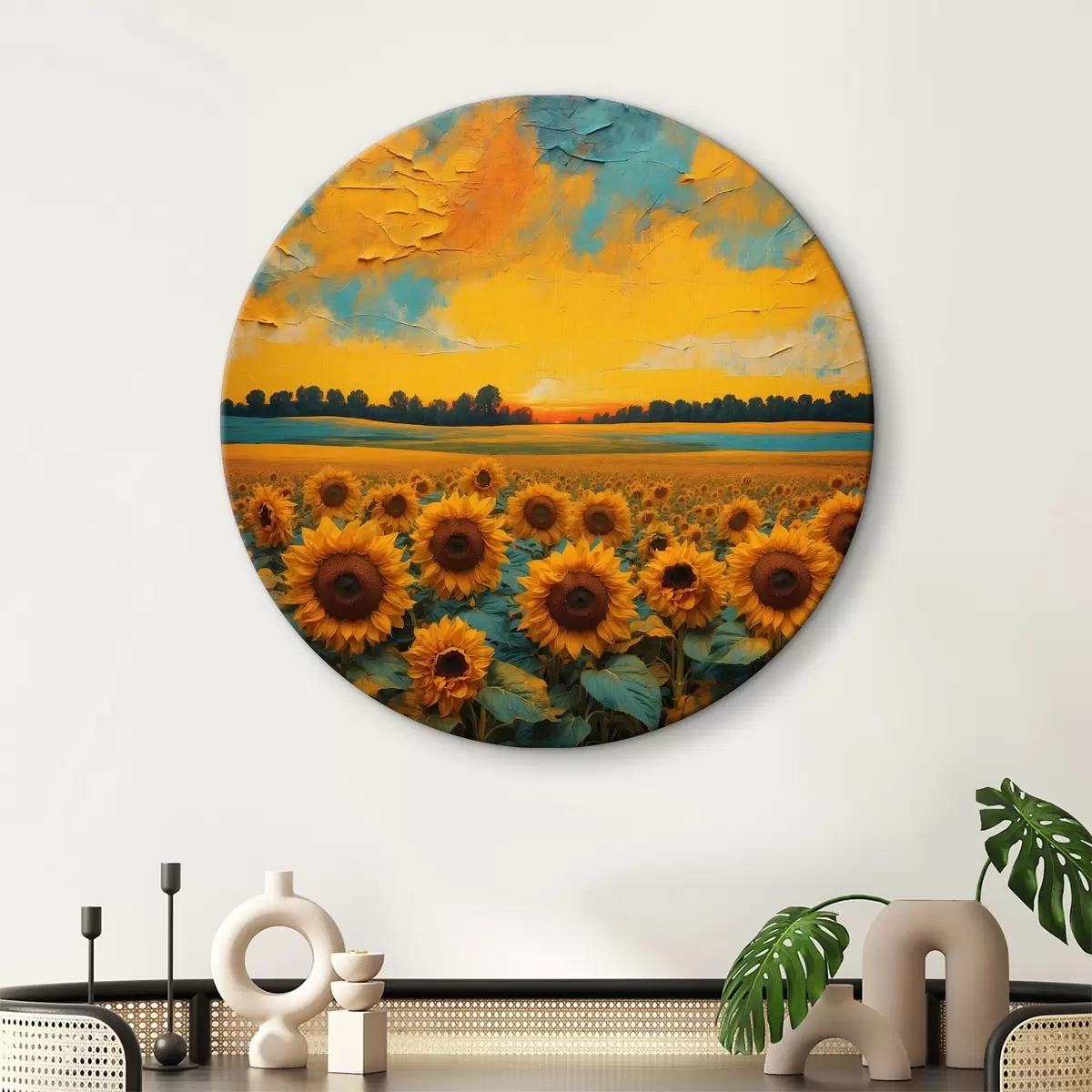 Quadri rotondi Tramonto su un campo di girasoli r39008