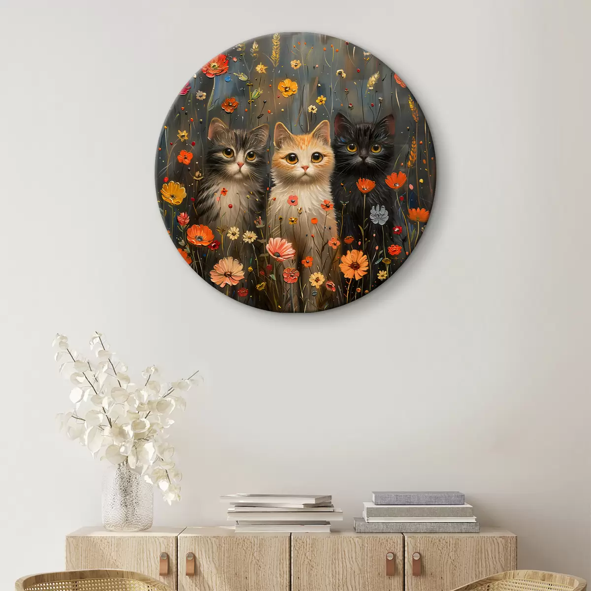 Quadri rotondi Tre gatti tra i fiori di campo r39012