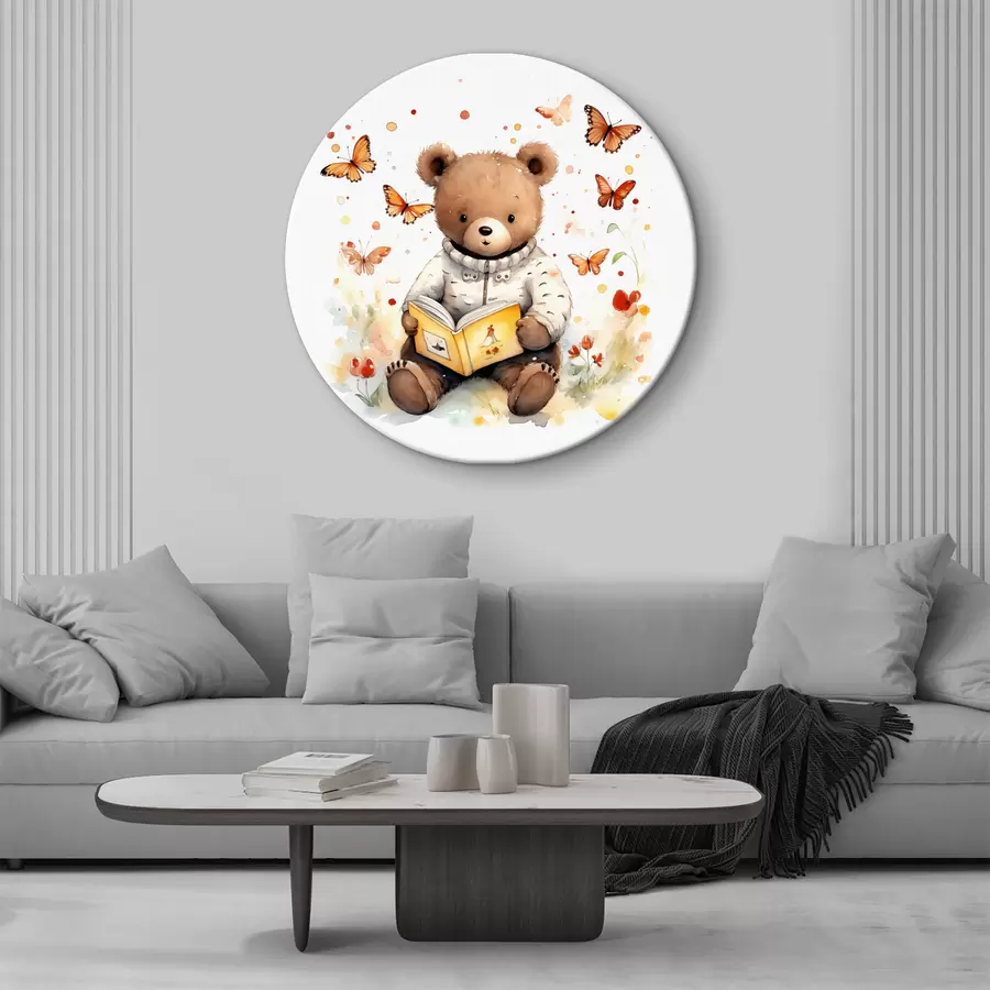 carta da parati Il cucciolo di orso bruno in maglione legge un libro circondato da farfalle acquerellate nr. r39025