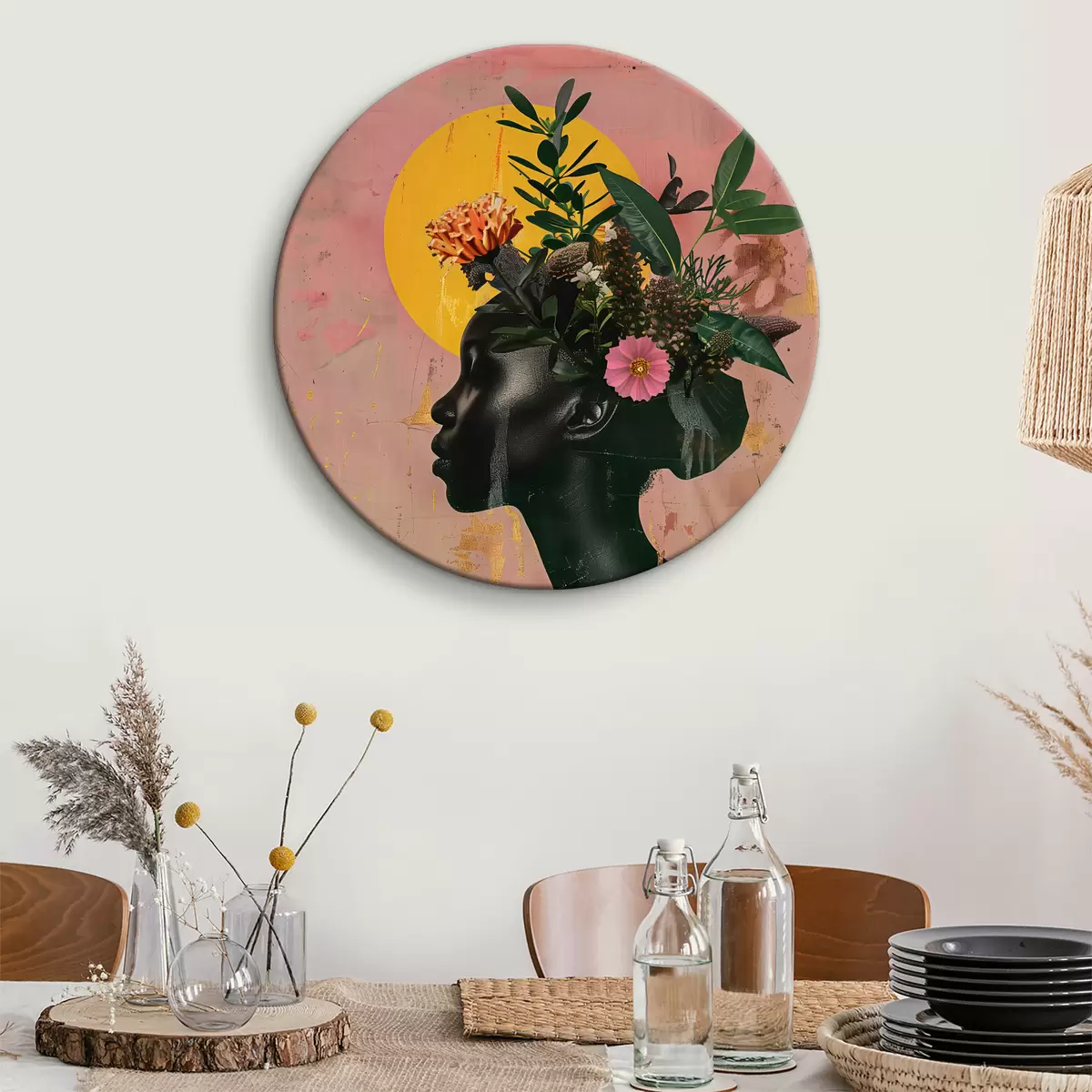 Quadri rotondi Ragazza con fiori e foglie in testa r39049