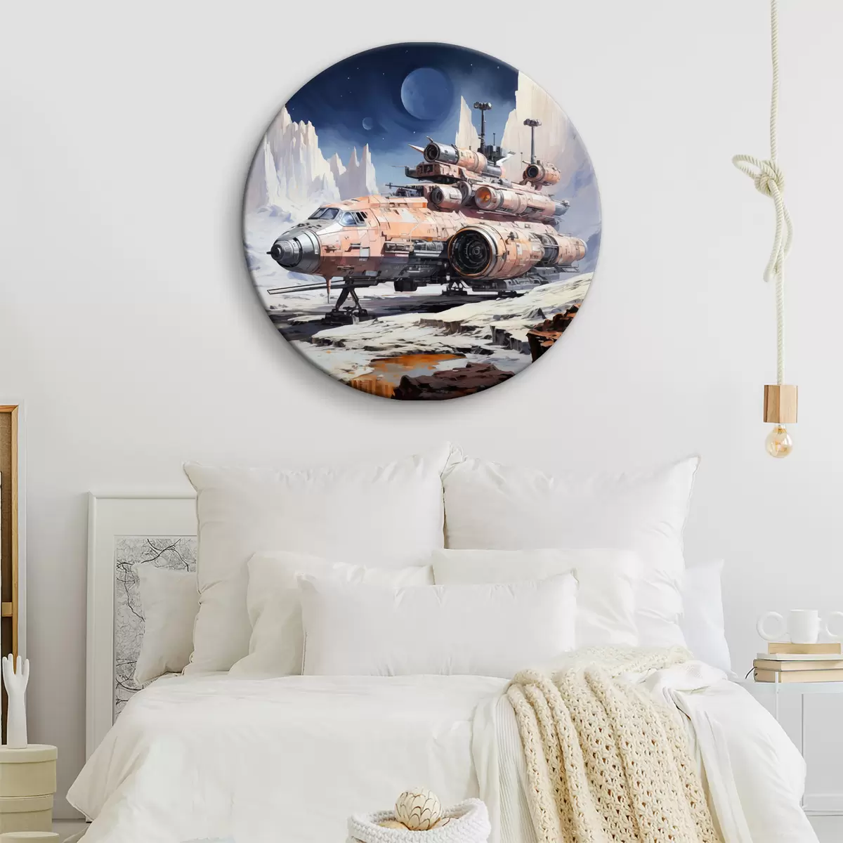 Quadri rotondi Un'astronave in stile cyberpunk si trova sulla superficie lunare nello spazio tra le montagne, di colore blu, beige, bianco r39114