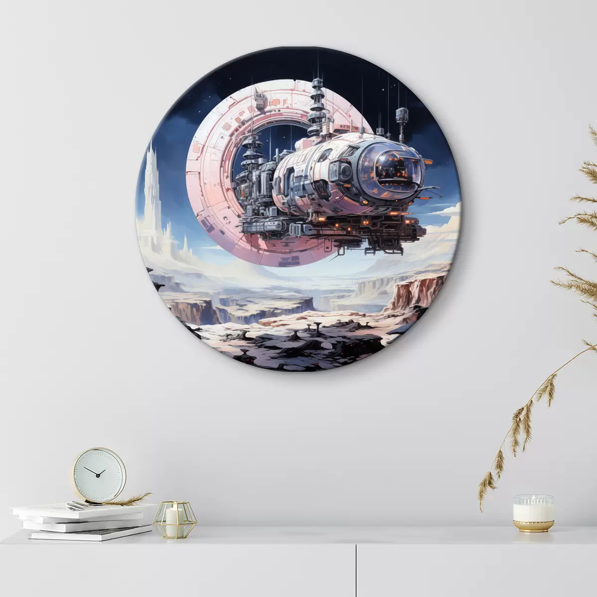 Quadri rotondi Un'astronave in stile cyberpunk vola nello spazio sopra un asteroide e un pianeta, di colore blu, beige, rosa, bianco r39115