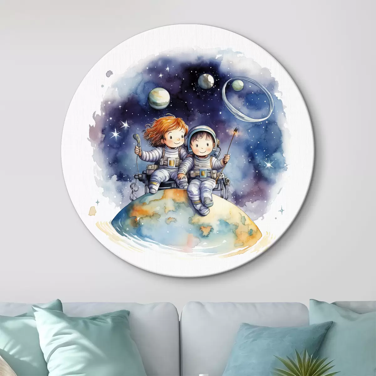 Quadri rotondi Bambini in tute spaziali seduti su un pianeta nello spazio illustrazione ad acquerello per bambini r39117