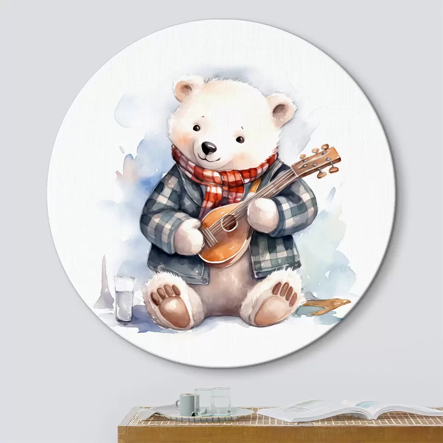 carta da parati Il musicista dell'orso polare in un vestito a quadretti blu e una sciarpa rossa suona l'illustrazione dell'acquerello dei bambini della chitarra nr. r39120