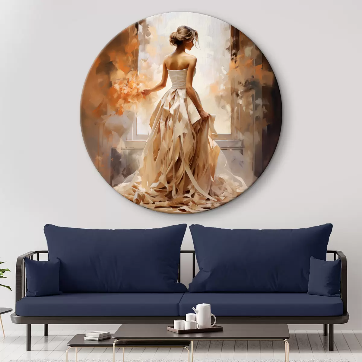 Quadri rotondi Una ragazza con un abito lungo da sposa bianco sta alla finestra tra il fuoco, dipingendo a mano r39125