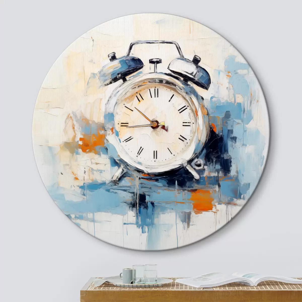 Quadri rotondi Sveglia pittura a olio astratta, ora, colore blu e bianco r39127