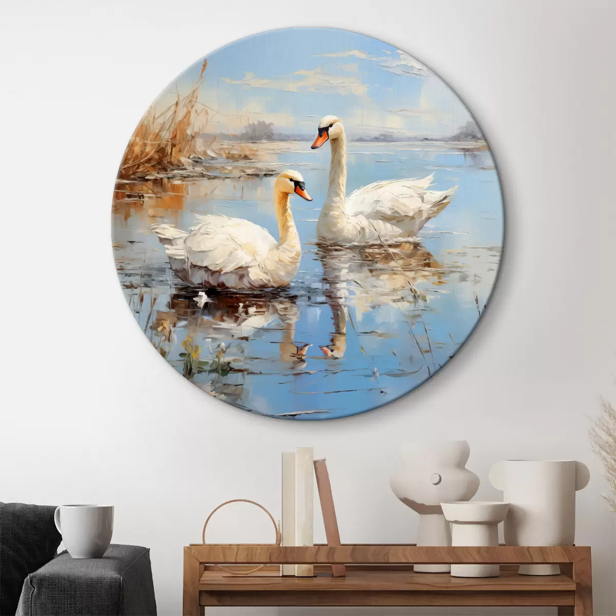 Quadri rotondi Oche bianche nuotano lungo il fiume tra le canne, di colore blu, bianco, beige r39130
