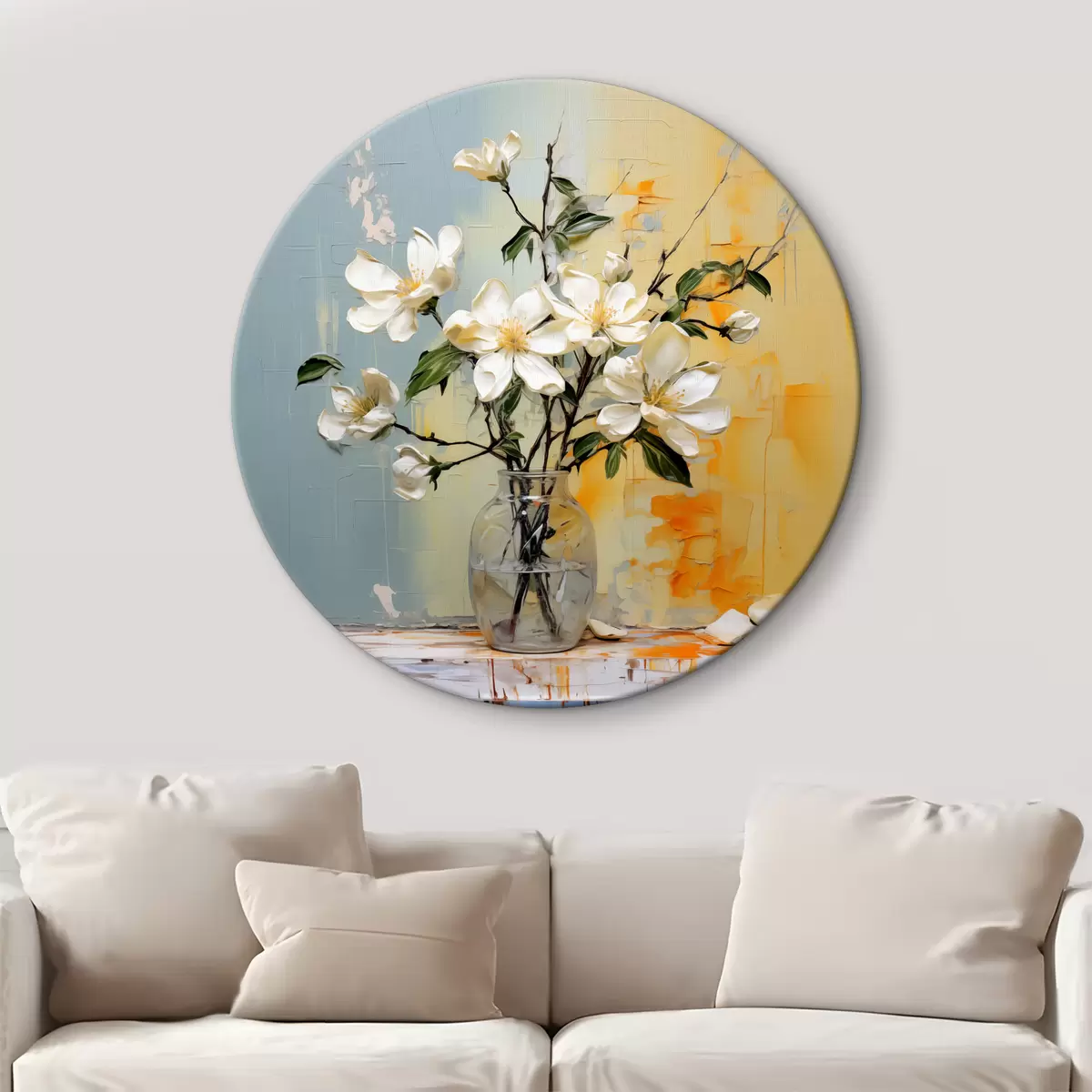 Quadri rotondi Rametti con fiori di gelsomino bianchi in un vaso di vetro dipinto ad olio arte astratta, colore blu e giallo r39183
