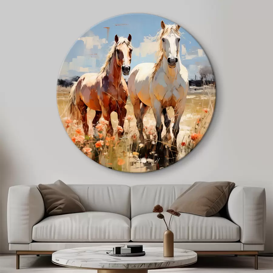 carta da parati Cavalli bianchi e marroni pascolano in un prato tra fiori di campo pittura ad olio arte astratta nr. r39187