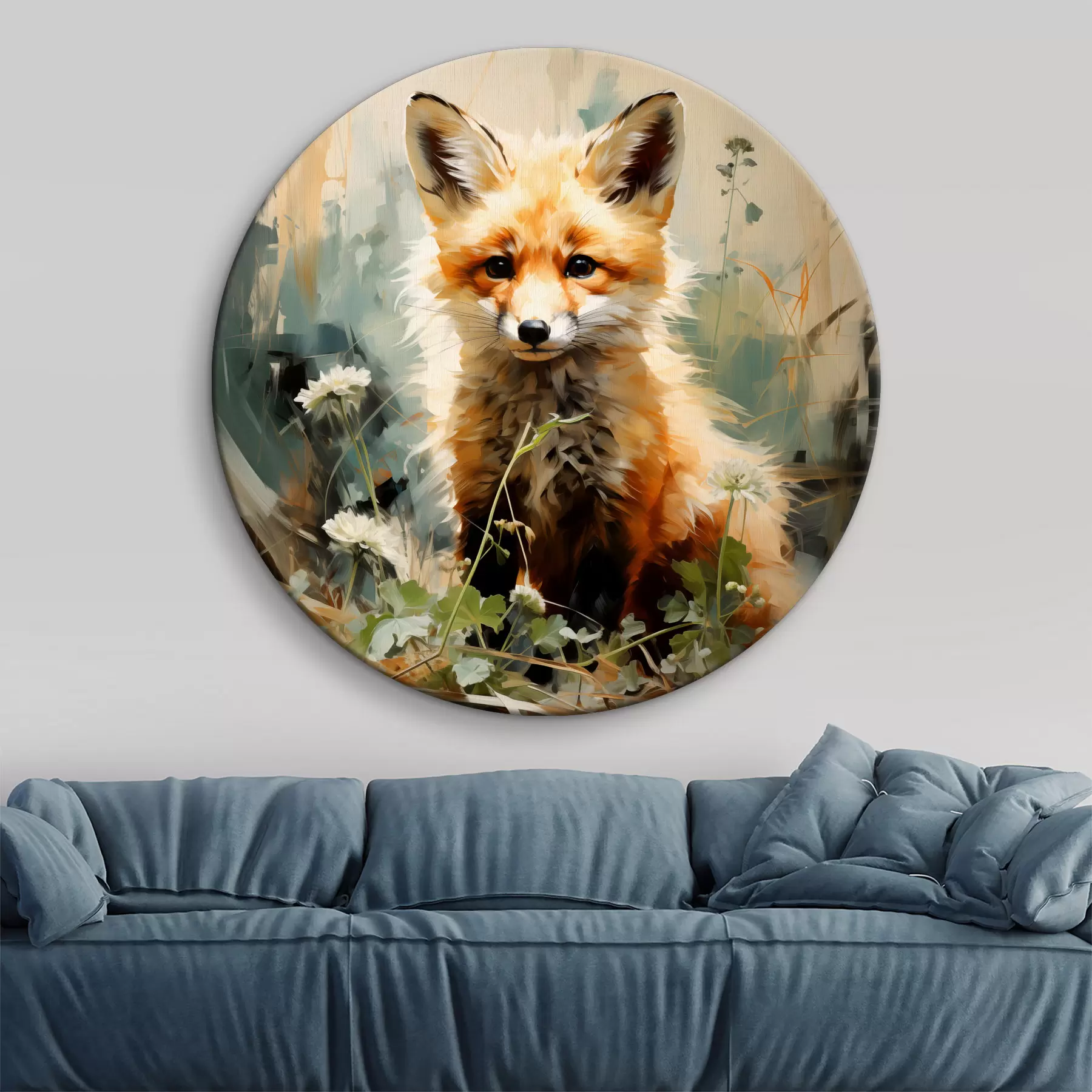 carta da parati Volpe rossa seduta nell'erba secca su un dipinto ad olio su sfondo verde nr. r39191