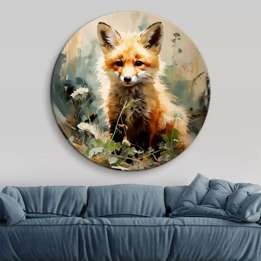 carta da parati Volpe rossa seduta nell'erba secca su un dipinto ad olio su sfondo verde nr. r39191