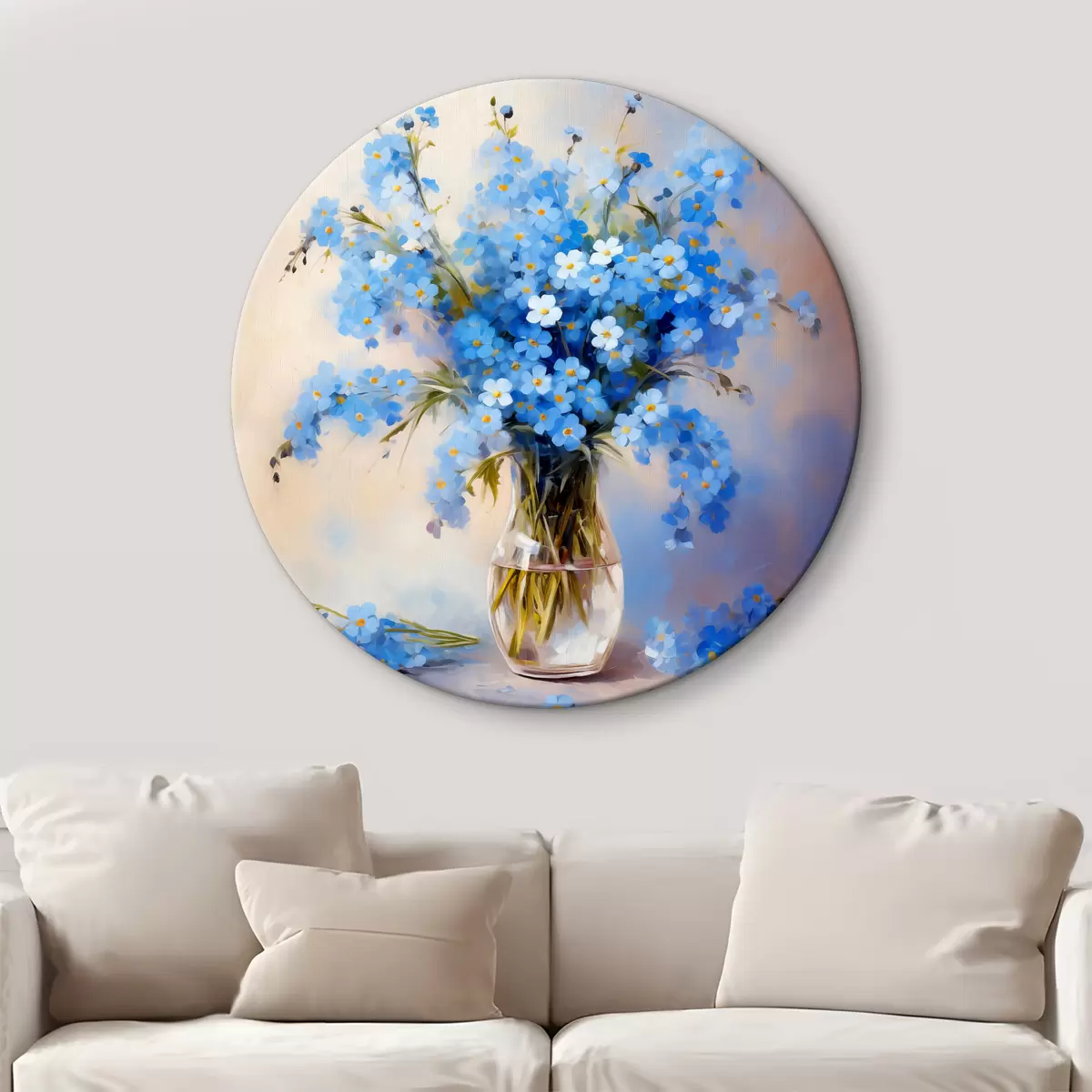 Quadri rotondi Bouquet di fiori di campo blu in un dipinto a olio su caraffa di vetro r39331