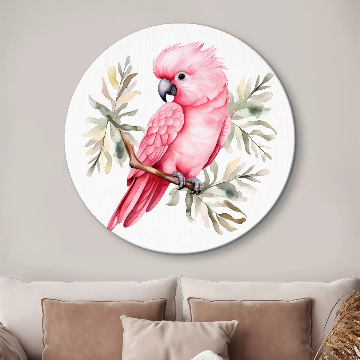 Quadri rotondi Pappagallo rosa del cacatua che si siede su un acquerello del ramo r39334