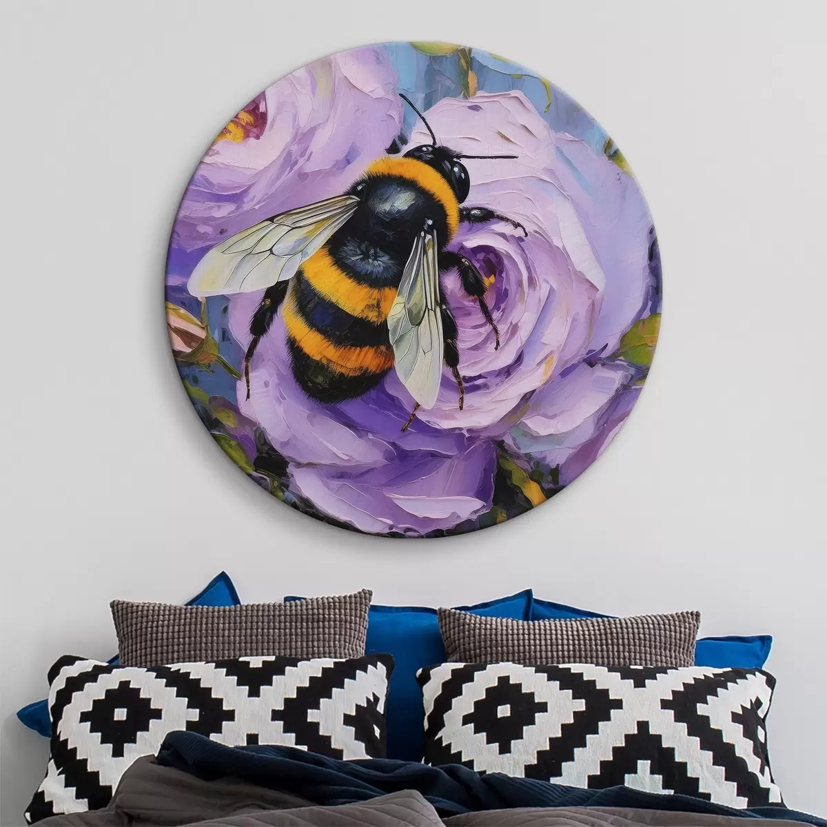 Quadri rotondi Ape sulle peonie rosa, fiori estivi, pittura a olio, pennellate vivaci r39410