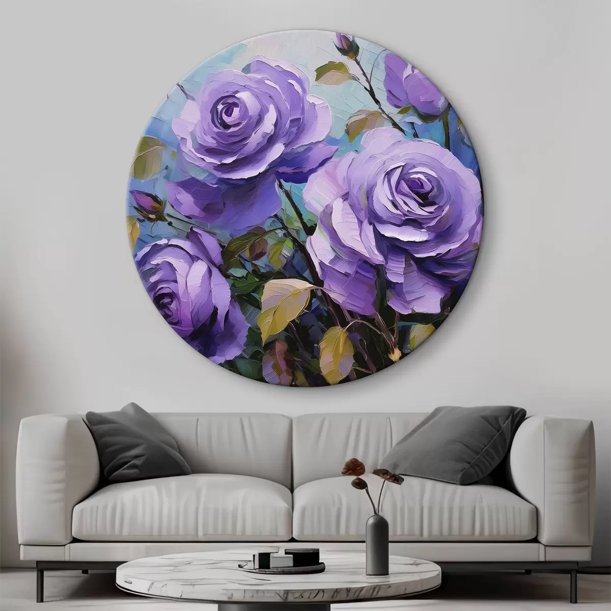 Quadri rotondi Peonie viola, pittura a olio, pennellate vivaci, fiori estivi r39412